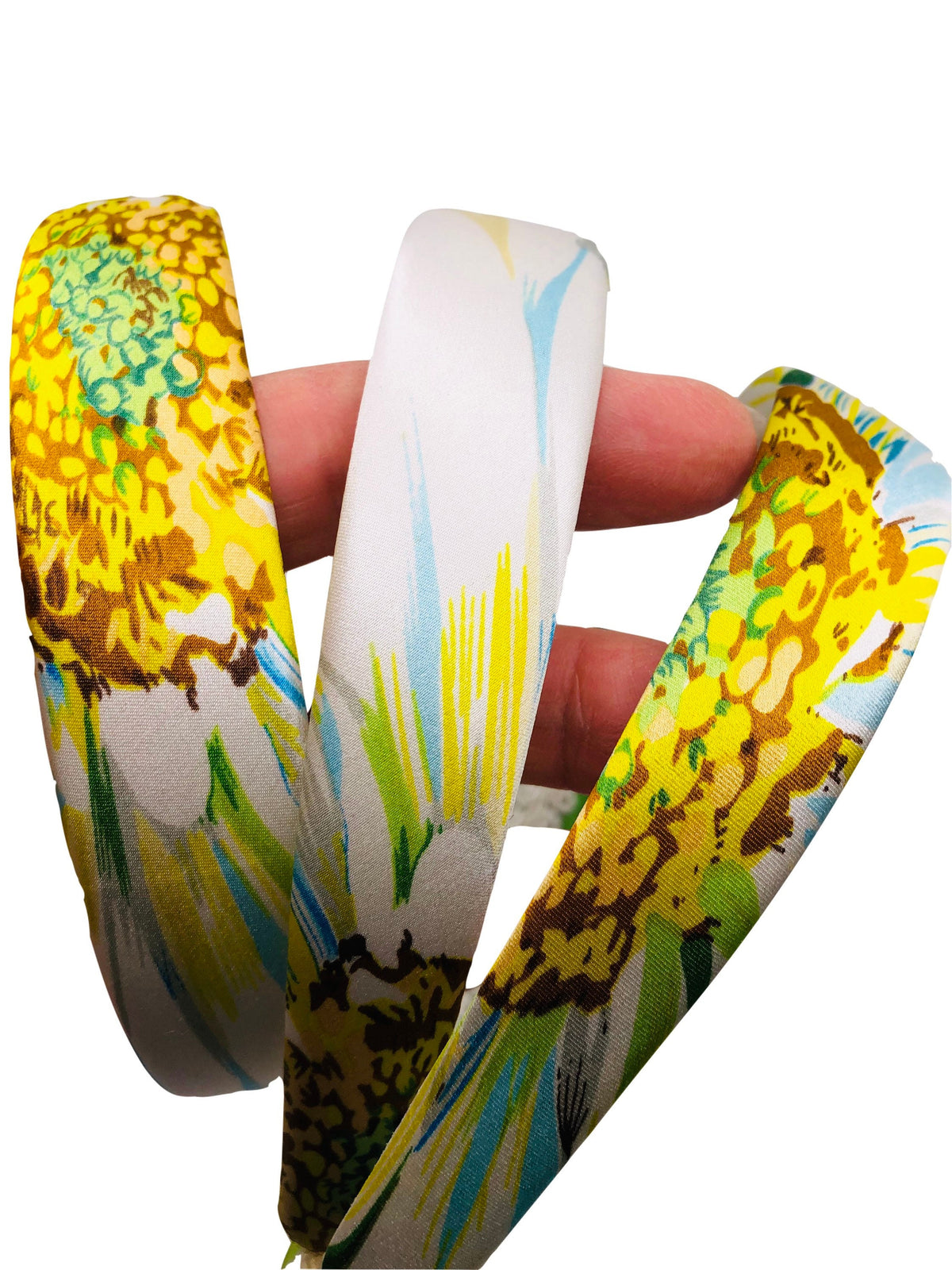 Yellow & White Daisy Print Green Silk Headband, 1" – Handmade