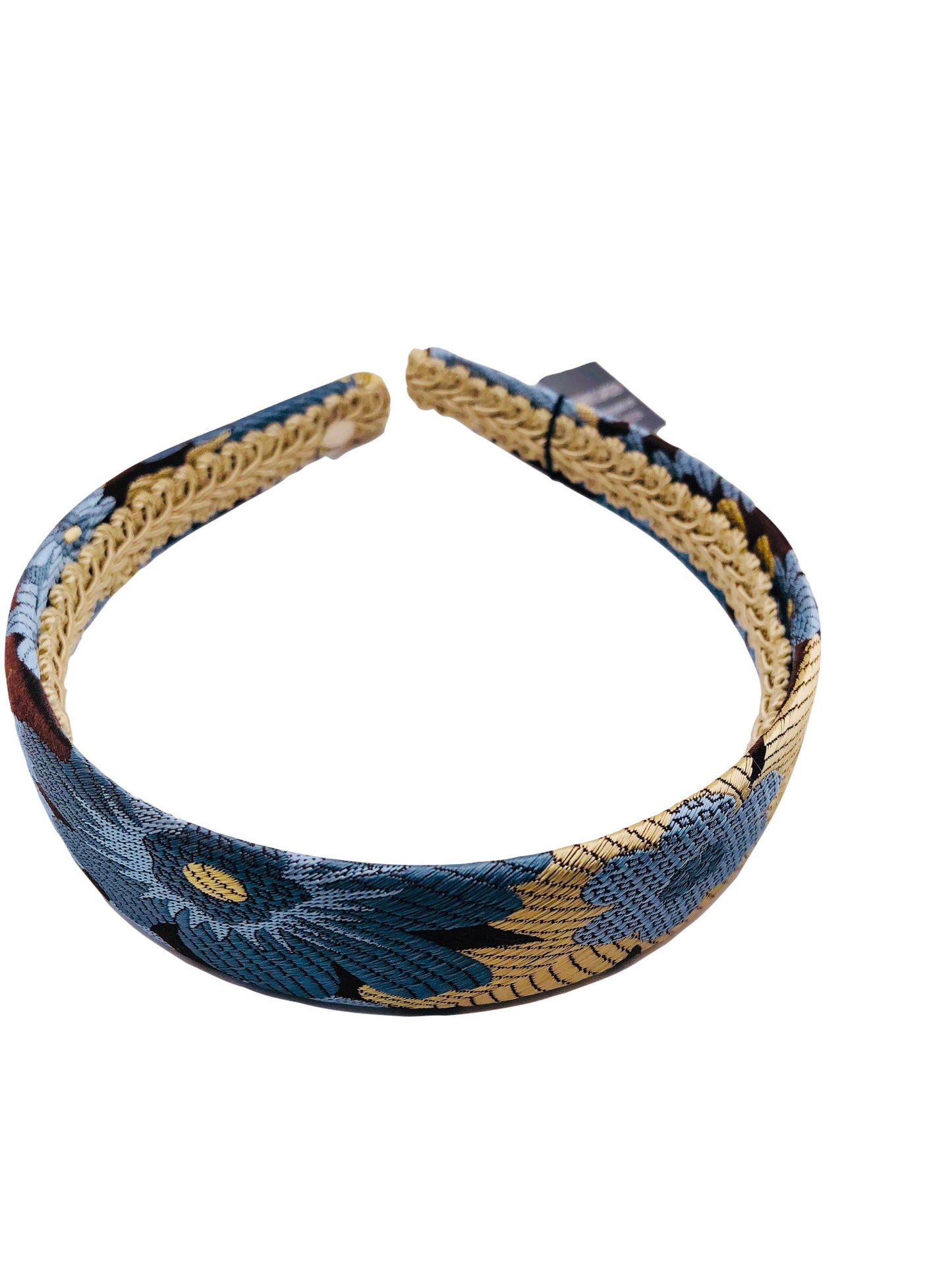 Karin's Garden 1" Silk Blue & Gold Floral Brocade Headband with gold accents. Handmade in the USA. Available in 3 colors.