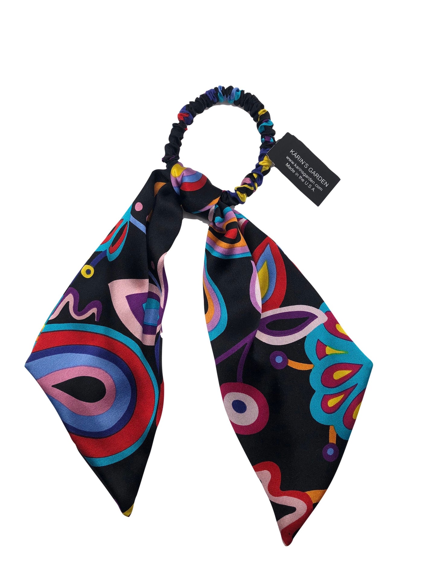 Karin's Garden Silk Retro Print Hair Elastic. Handmade in the USA.