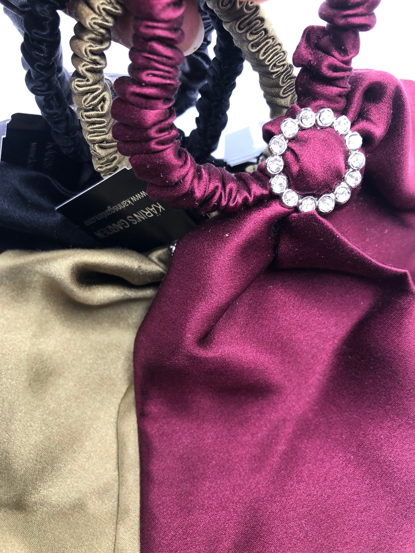 Karin's Garden Silk Hair Elastic Tie with crystals. Handmade in the USA.