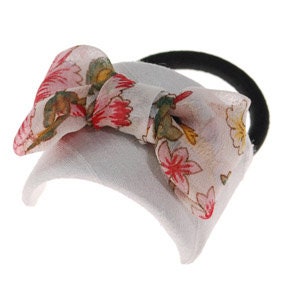 White Floral Hair Elastic Silk Dupioni and Silk Chiffon Bow. Karin's Garden 2 1/2" Handmade in the USA