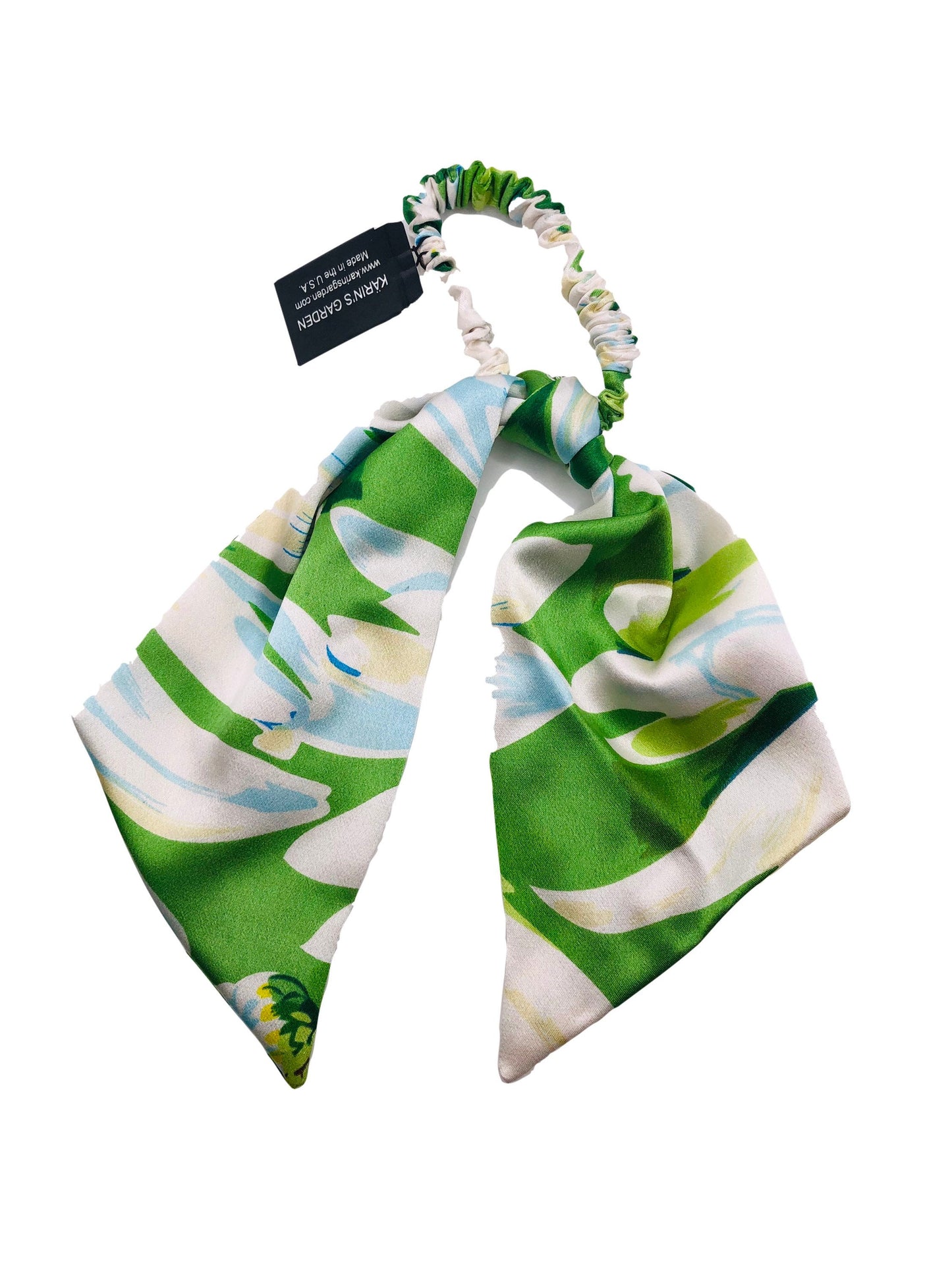 Karin's Garden Silk Blue & White Floral Hair Elastic. Handmade in the USA.