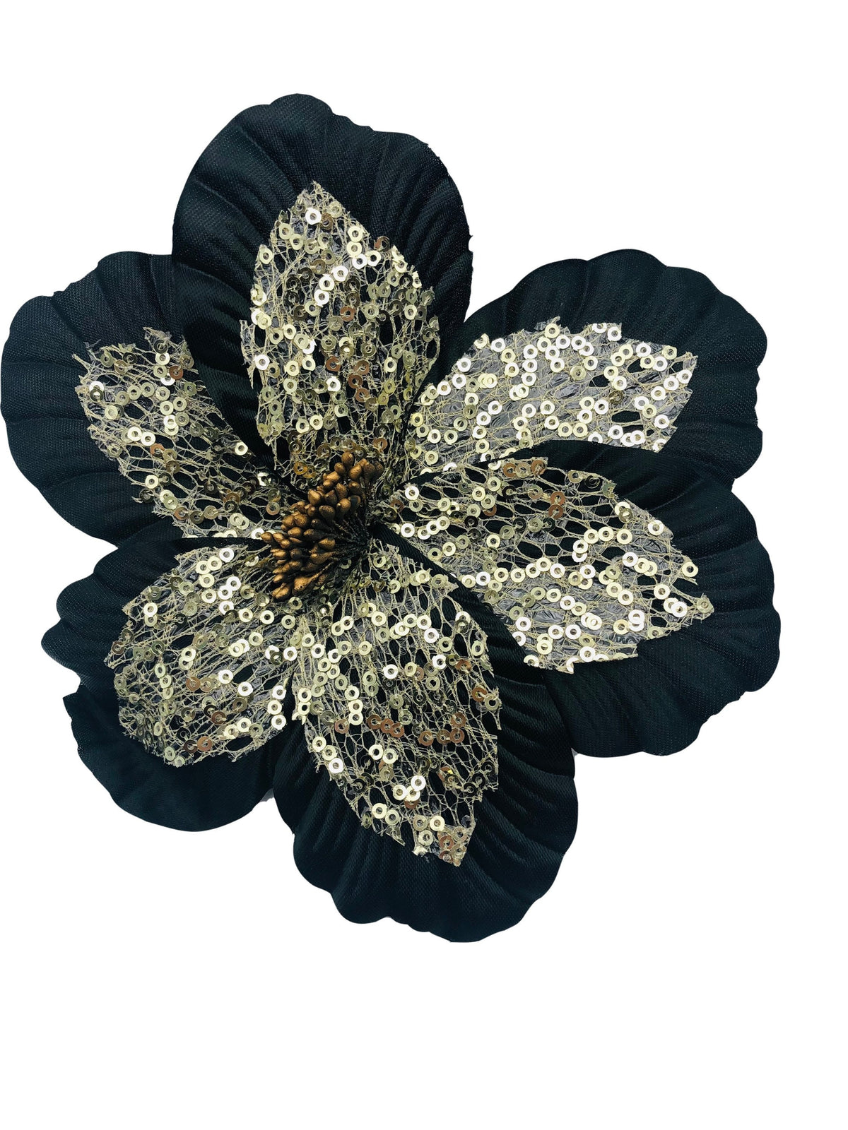 Black & Gold Sequin Hibiscus Brooch & Clip, 6"