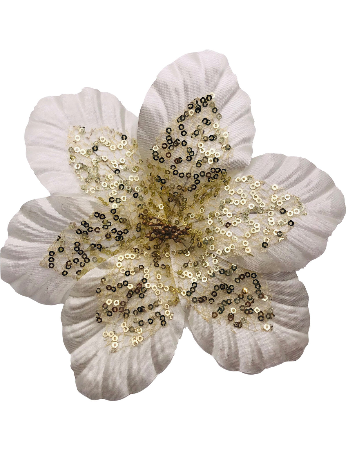 Black & Gold Sequin Hibiscus Brooch & Clip, 6" – No. 2