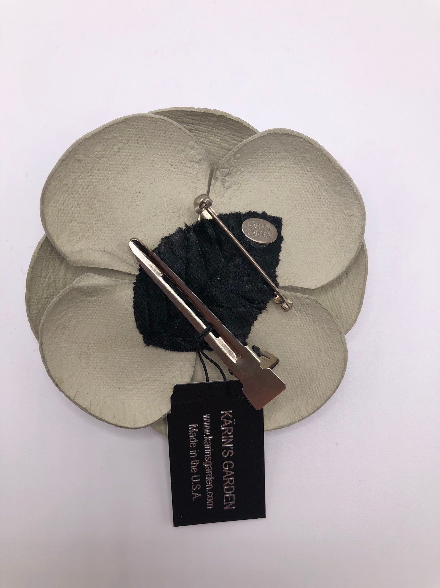 Karin's Garden 3 1/4" Metallic Leather Silver Camellia Pin Brooch Clip. Handmade in the USA. Genuine Leather