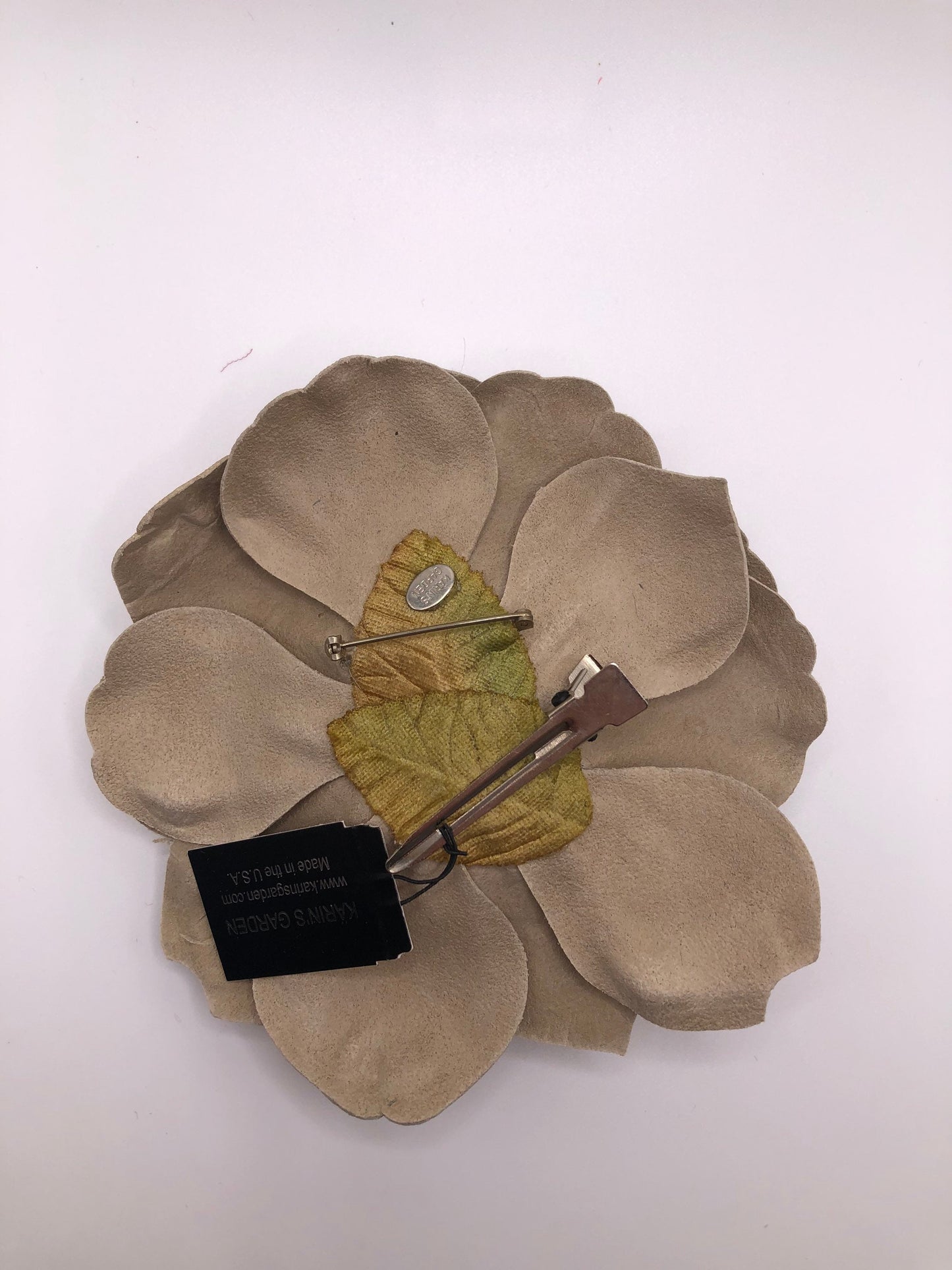 Karin's Garden 4 1/2" Gold Metallic Leather Camellia Pin Brooch Clip.  Handmade in the USA