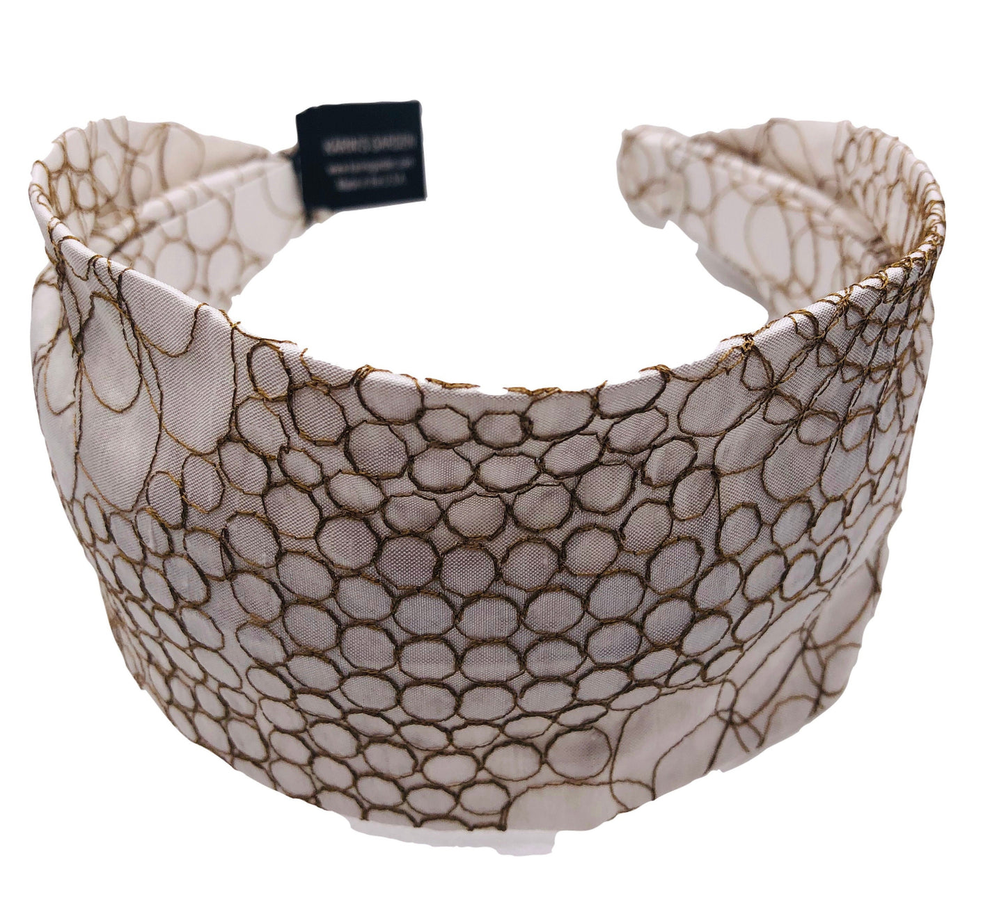 White Gold Grecian Silk Embroidered Scarf Headband. Karin's Garden 2.5-3" Handmade in the USA.