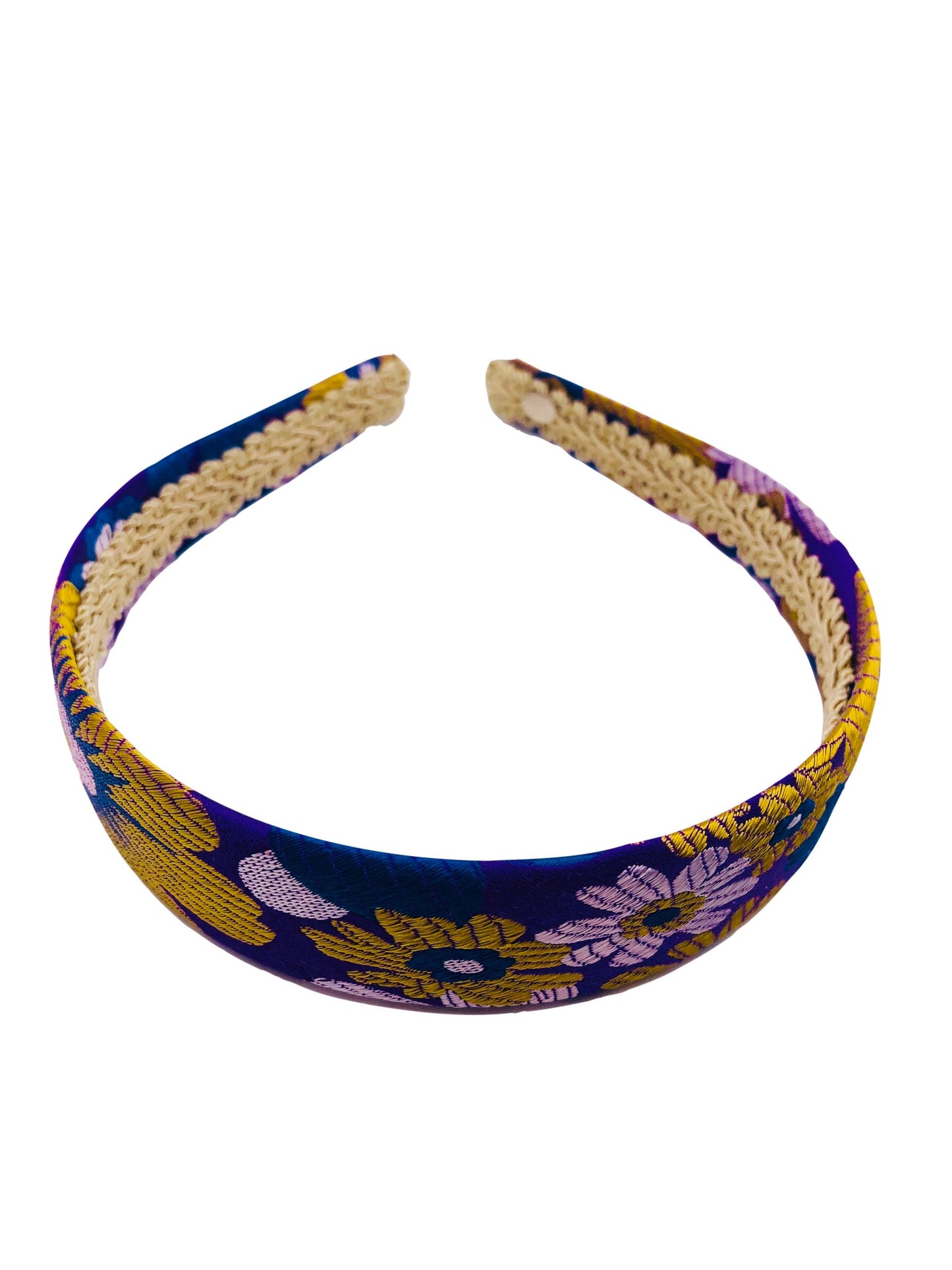 Karin's Garden 1" Silk Purple Gold Floral Brocade Headband with gold accents. Handmade in the USA. Available in 3 colors.