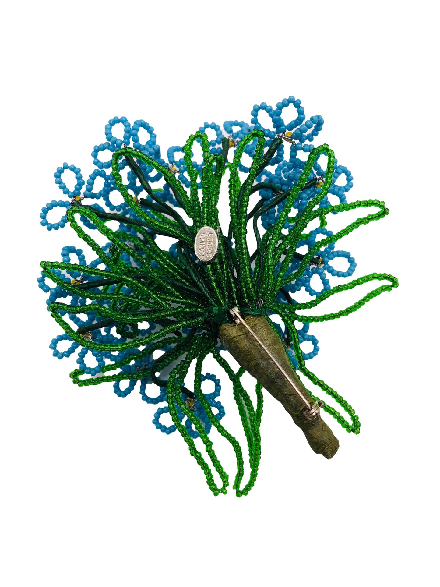 Karin's Garden 3.5" Forget-Me-Nots Vintage Pin Brooch. Hand Beaded from Germany.