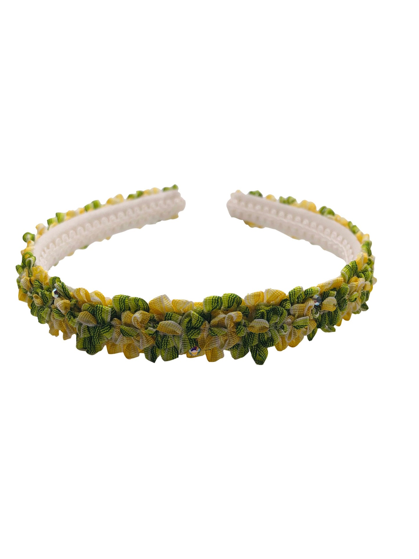 Silk Vine in Blue and Yellow with Crystals Headband. Karin's Garden 3/8" Handmade in the USA.