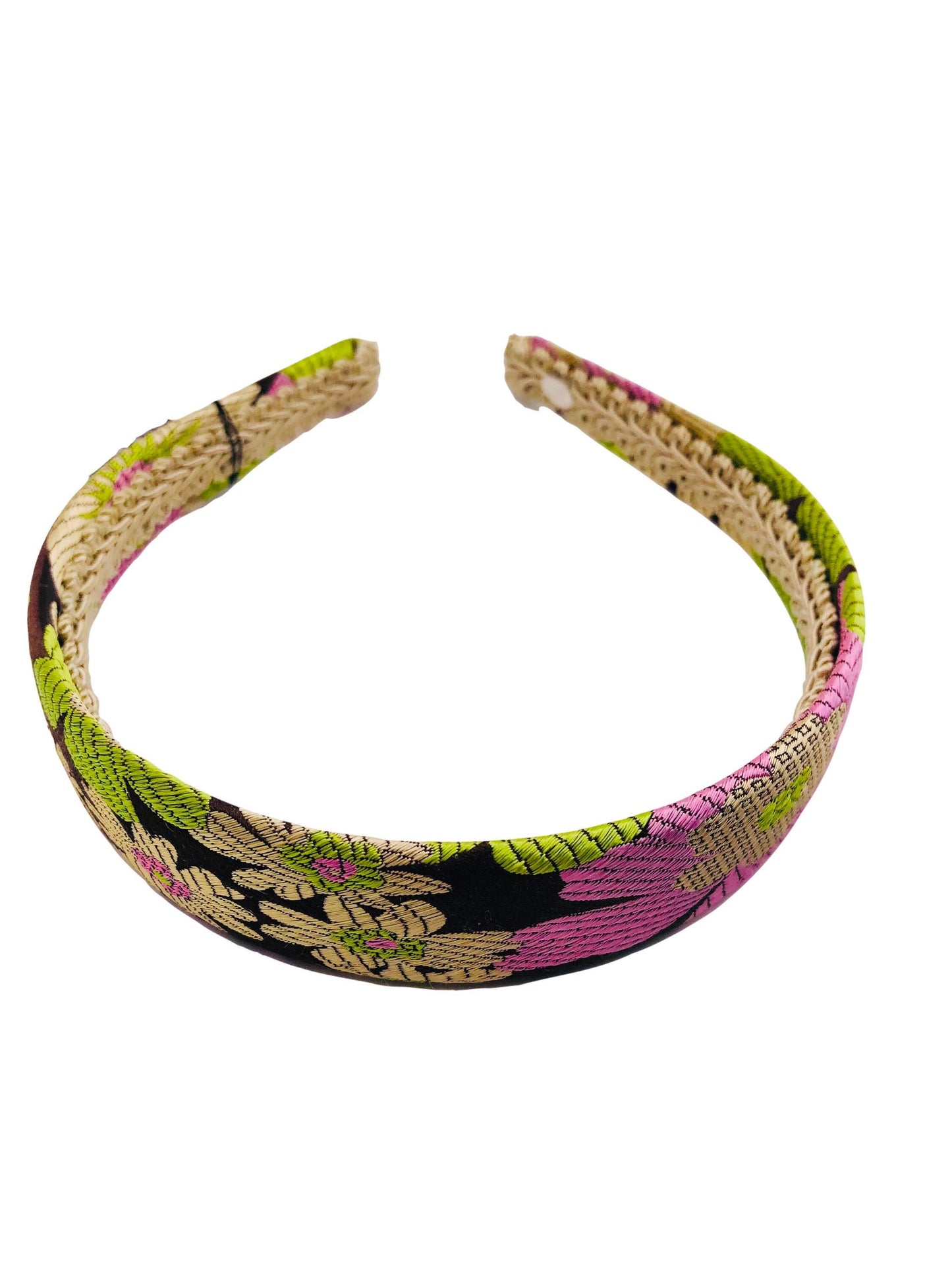 Silk Pink & Gold Floral Brocade Headband with gold accents. Handmade in the USA. Available in 3 colors.