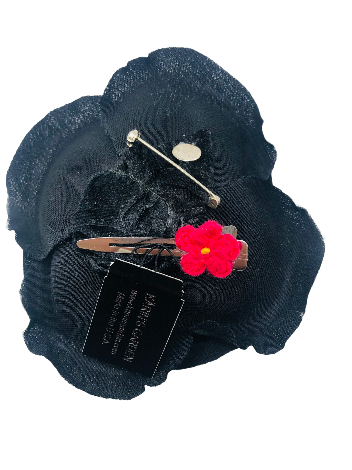 Daphne Black Silk Rose Pin & Clip, 3.5"