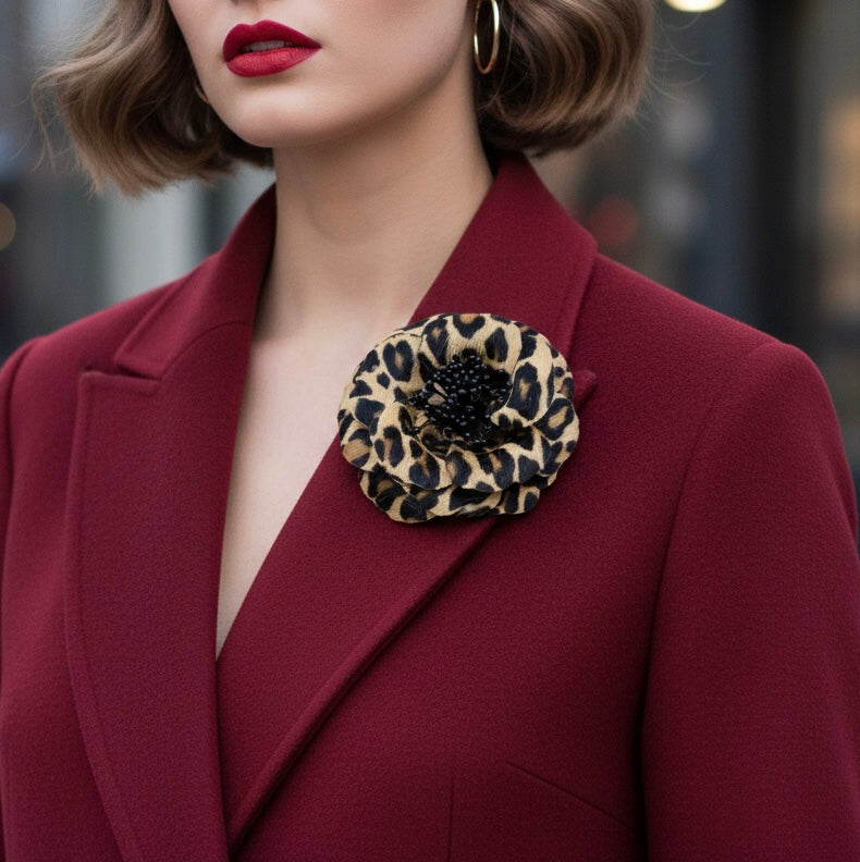 “Samantha” Real Leather Faux Leopard Print Rose Brooch & Clip.  Made in the USA with Love