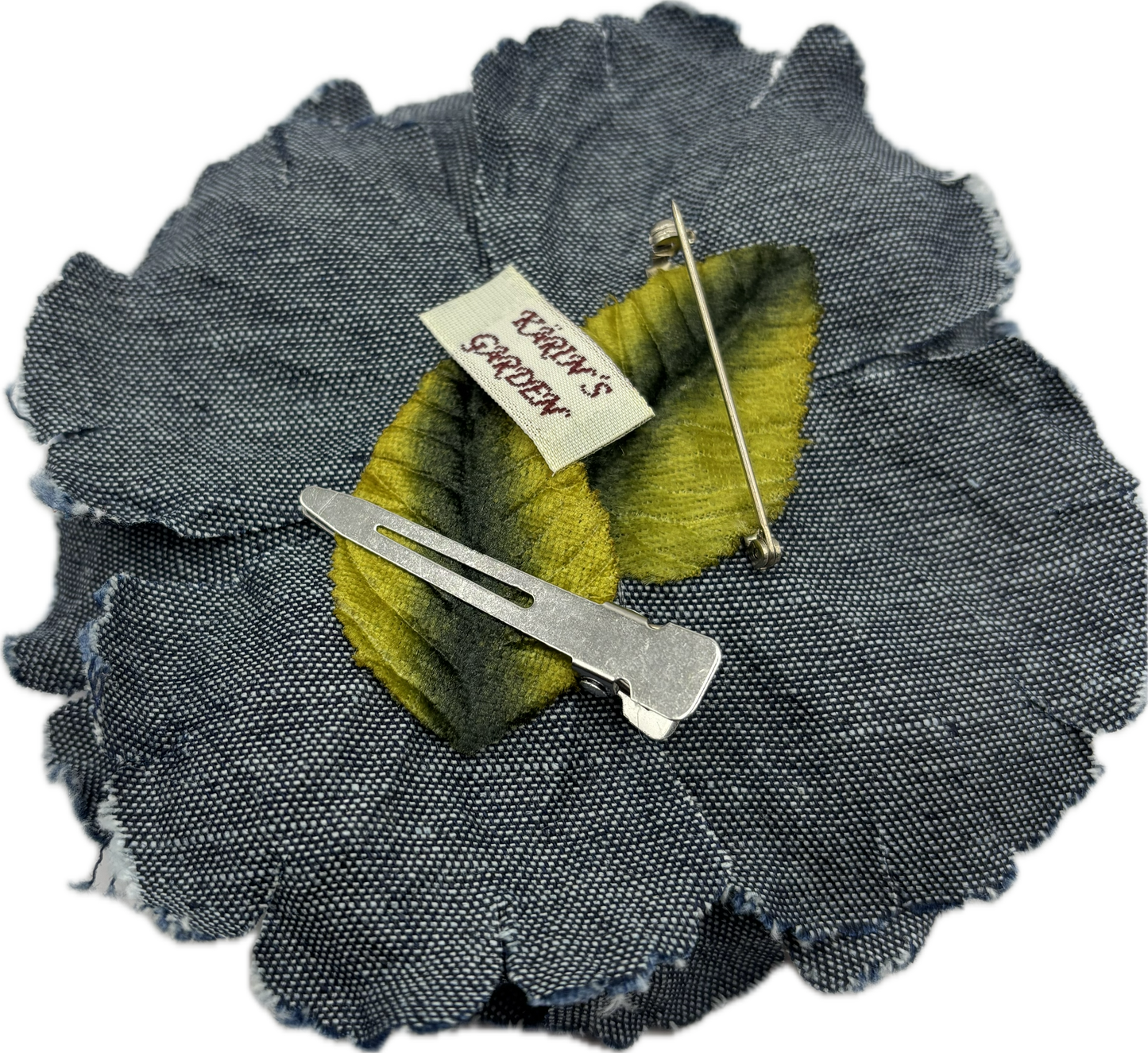 "Indigo" Denim Camellia Brooch & Clip.  Made in the USA.  Pin to your lapel, dress, scarf, hat and more.