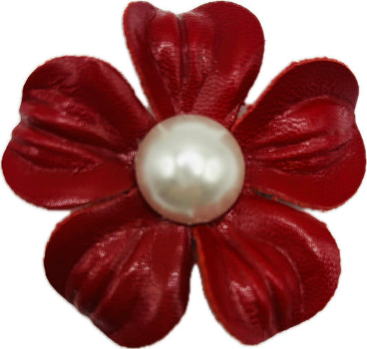 "Maisie" Red Leather & Pearl Brooch & Clip. 2.25" Made in the USA with Love.