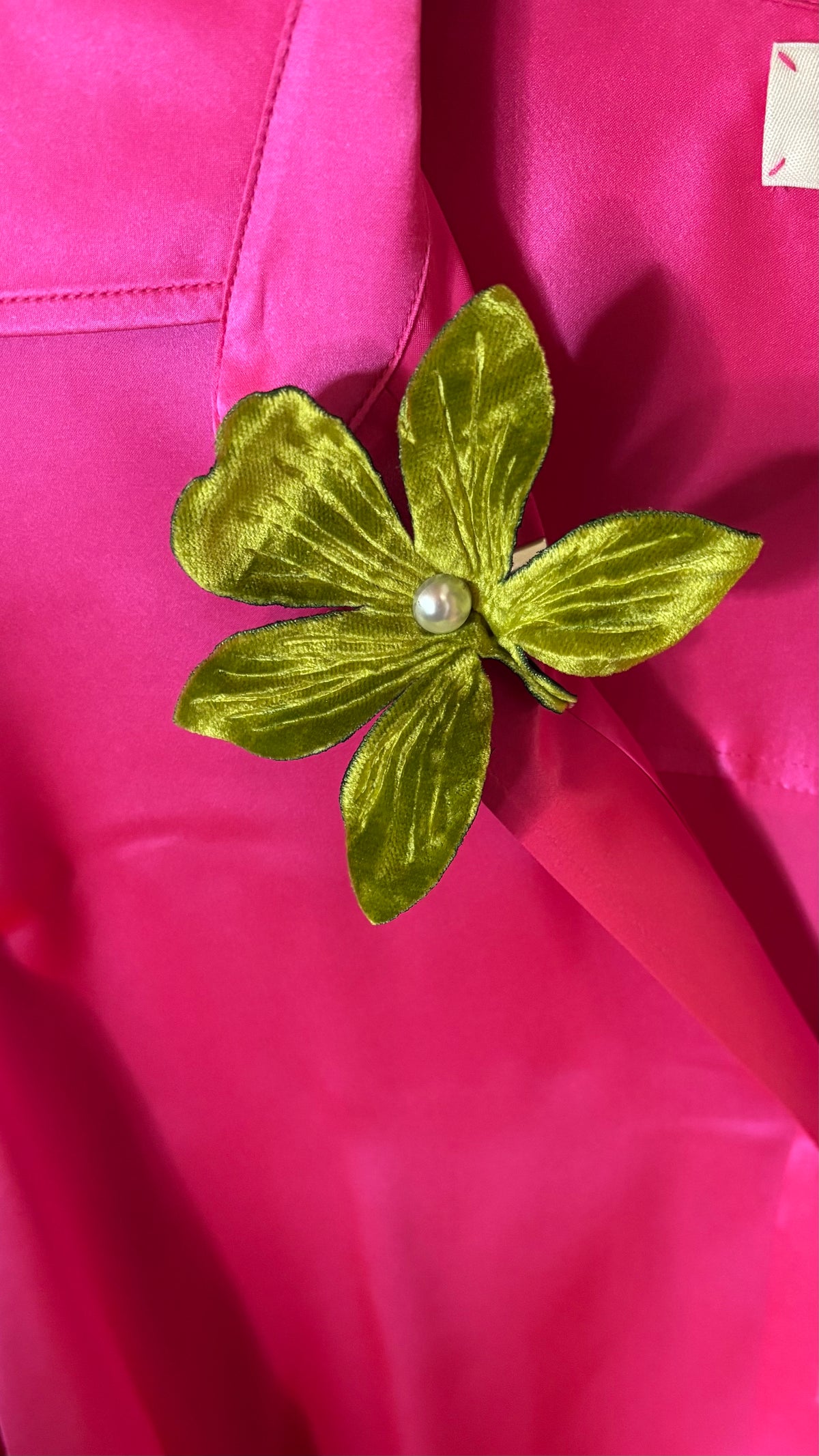 Chartreuse Crushed Velvet Orchid with pearl center Clip into hair, onto lapel, handbag and more