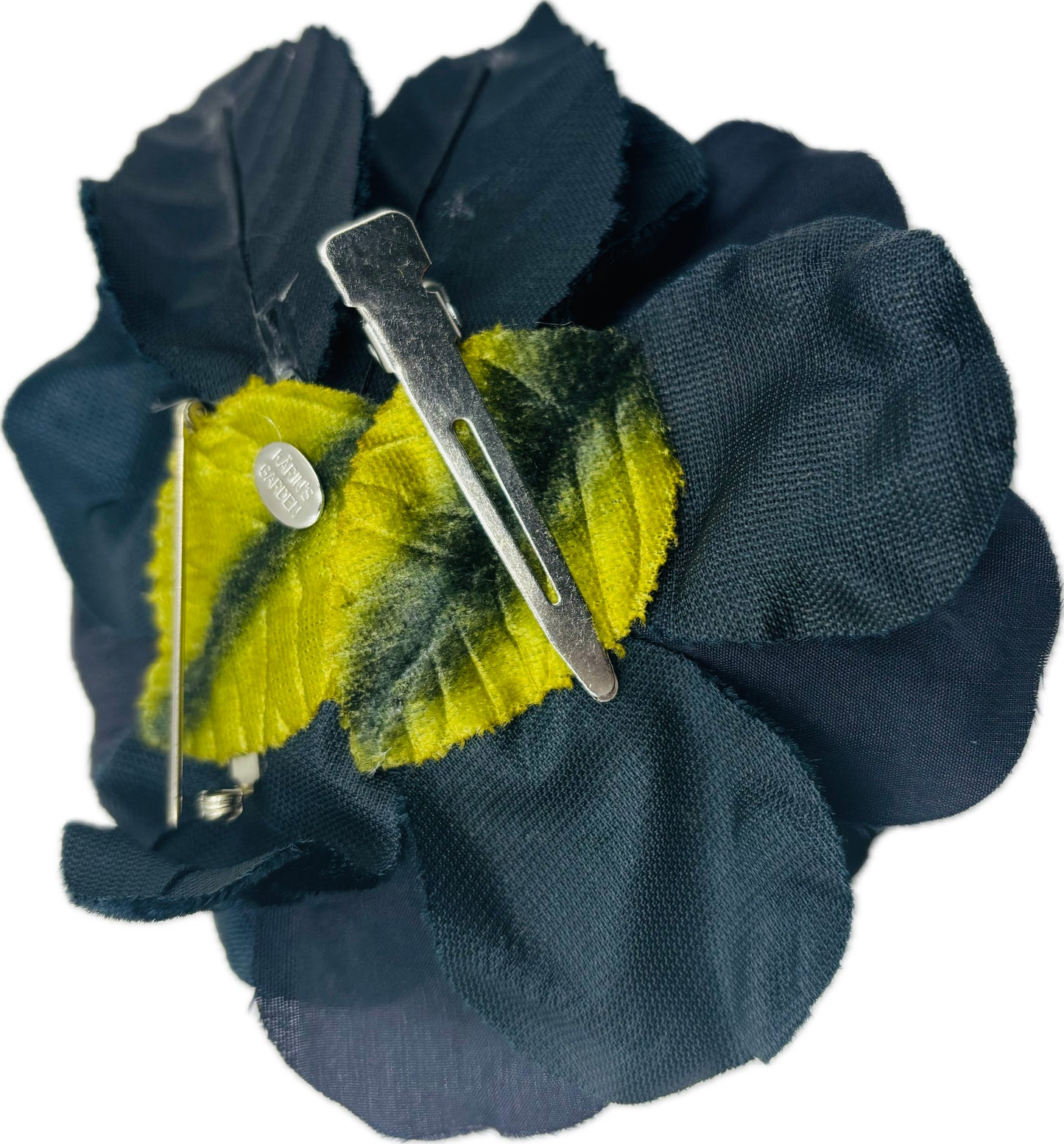 Navy Silk and Velvet Gardenia Brooch and Clip.