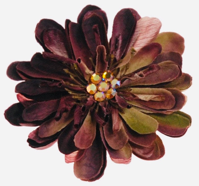 Fabric Flower Purple with Crystals Brooch & Clip. Karin's Garden 4" Zinnia.  Handmade in the USA