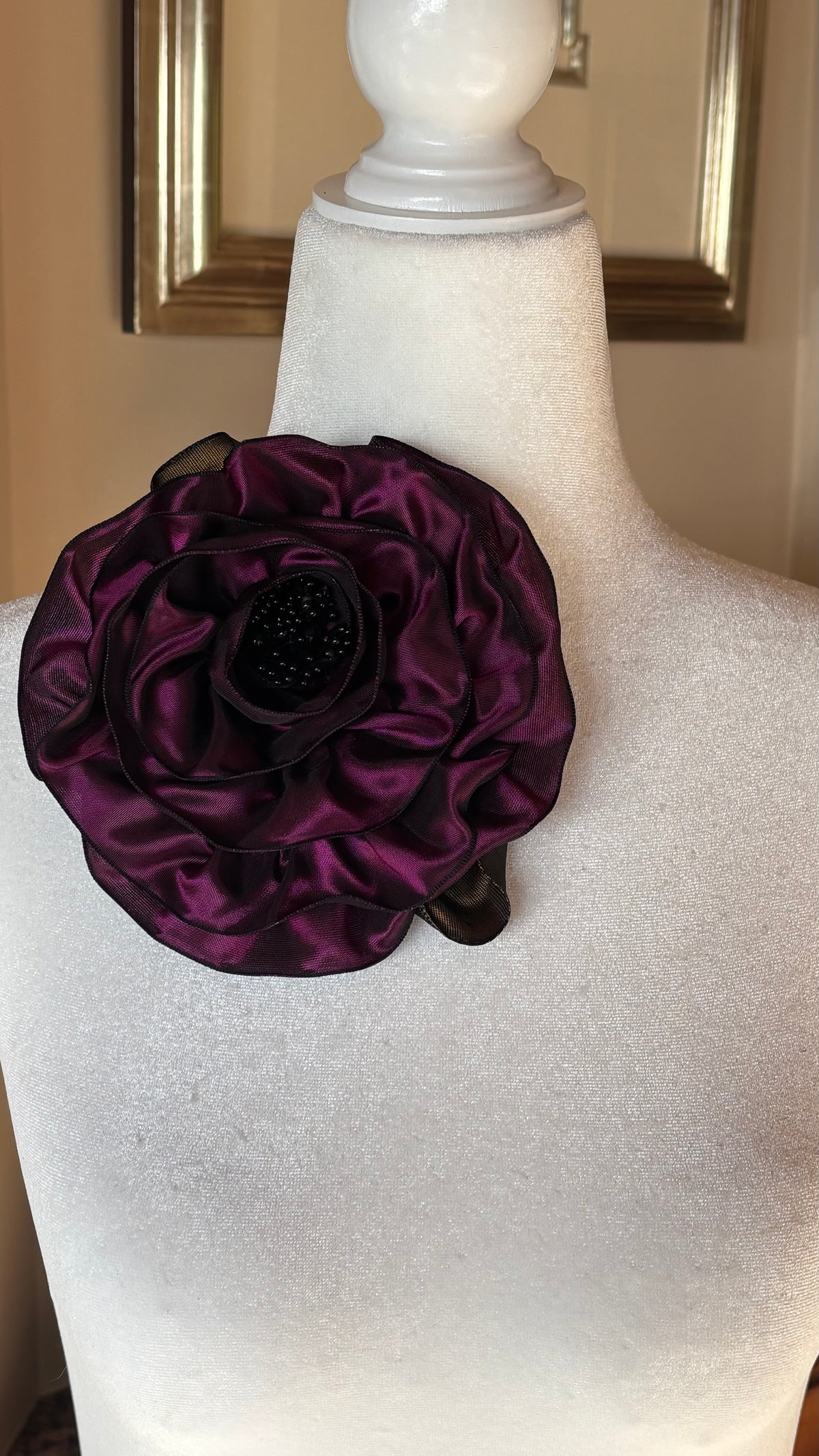 “Rosette” Brooch & Clip in Plum.  Pin or Clip to dresses, lapels, handbag or hat.  Made in the USA.  You can reshape the flower and leaves.