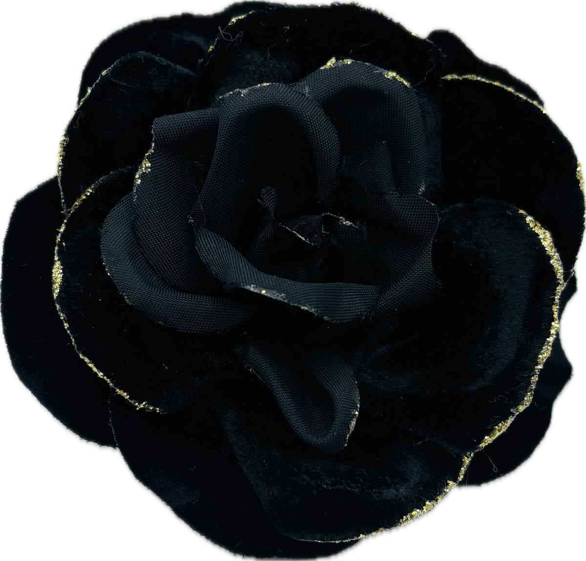 Karin's Garden 3" Mrs. Q. Glam Velvet Blend Black Metallic Edge Rose Pin Brooch Clip.  Made in the USA.
