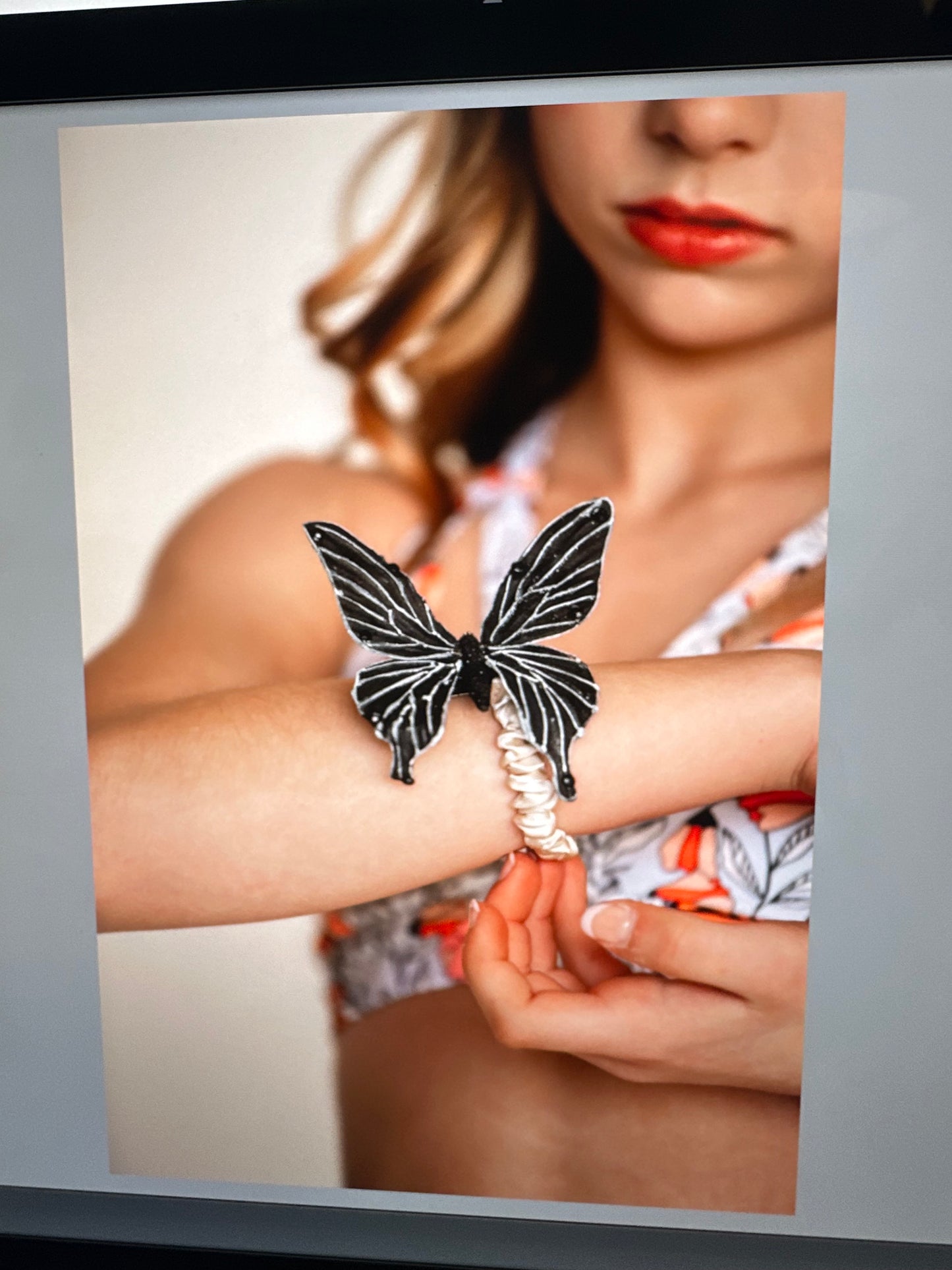 "Vanessa" Karin's Garden 3" Black White Butterfly clip. Bendable petals. Wear in your hair, clip to wristlet, clip on lapel, tank top or dress.  Clothing by detailsdancewear