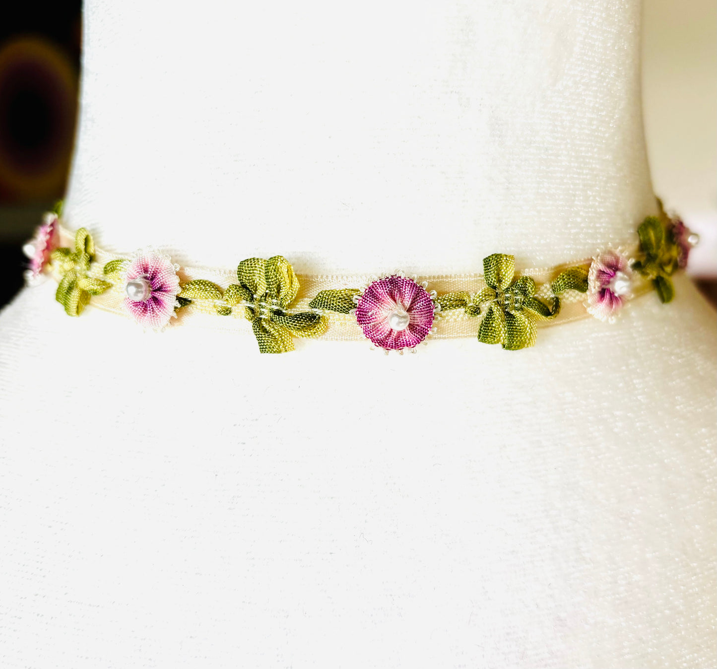 Karin’s Garden Annabelle Flower Vine Choker.  A romantic accessory for your neck.  Tie at the back.  Made in the USA