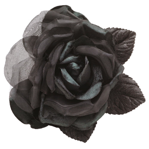 St John Black Silk Organza and Silk Velvet Rose Pin Clip. Wear in your hair, on your lapel, dress, on handbag, necklace or hat.