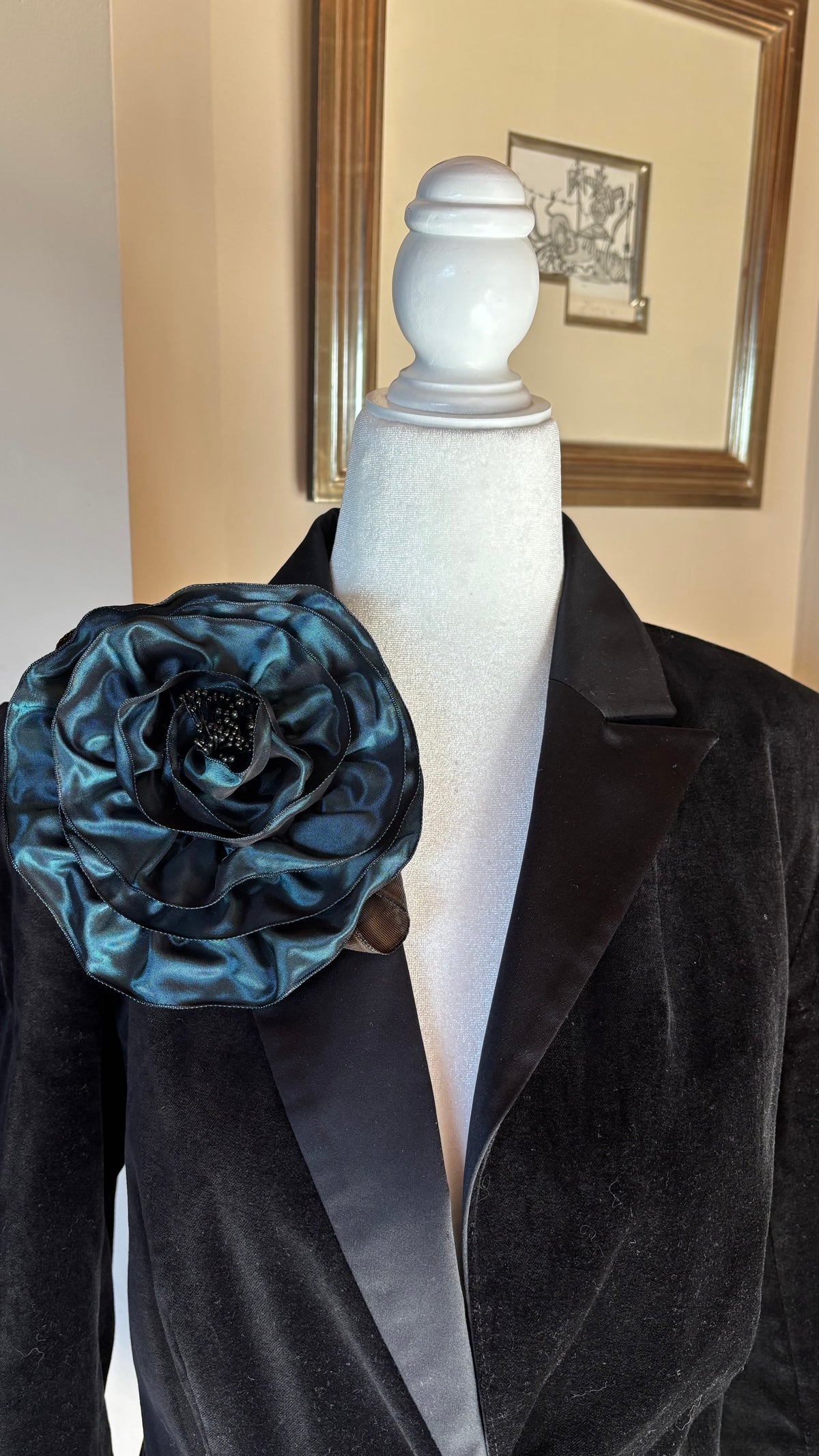 Francesca Teal French Taffeta Flower Pin & Clip, 7"