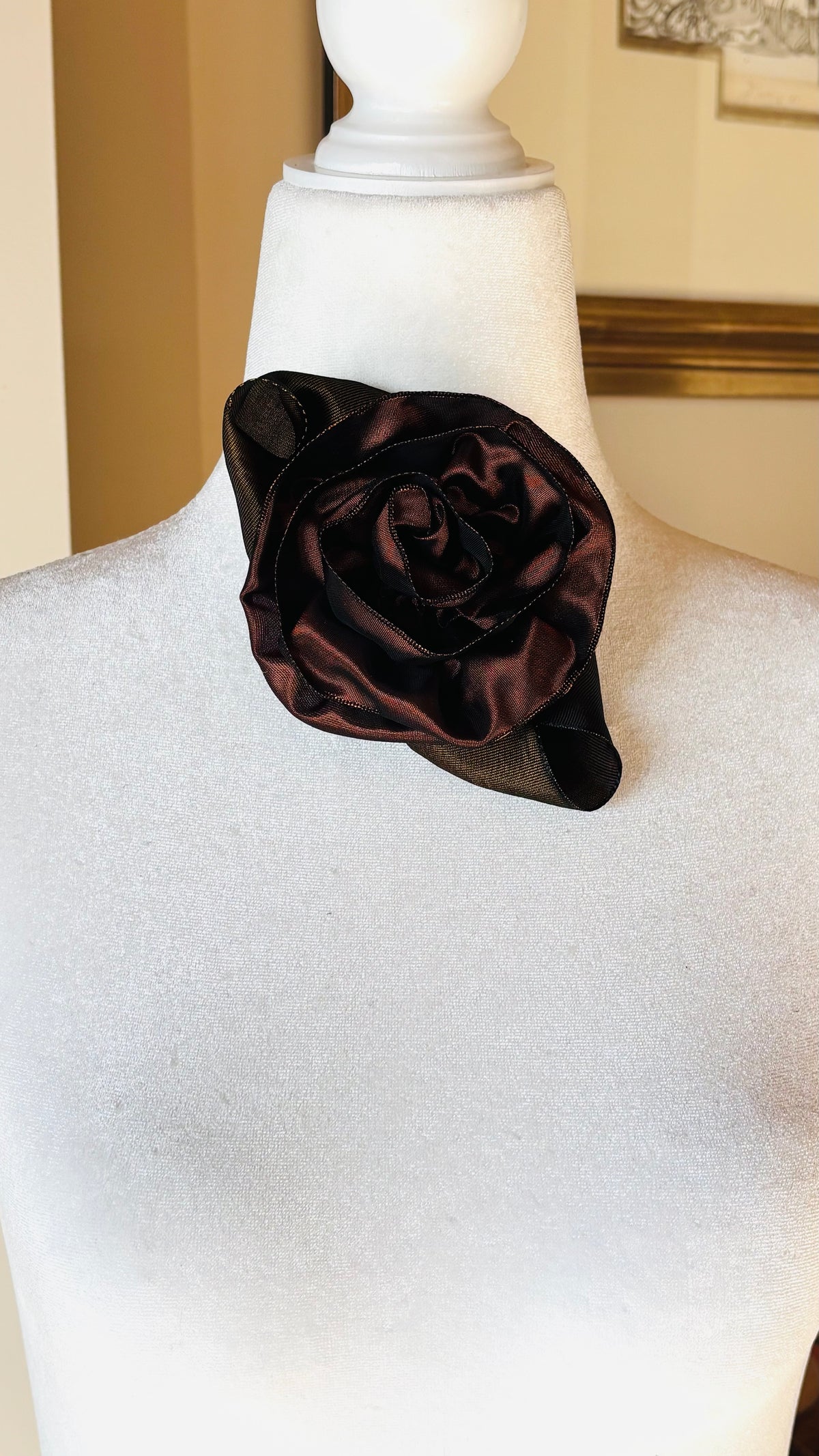“Rosette” Brooch & Clip in Chestnut Brown.  Pin or Clip to dresses, lapels, purse, hat or wear as a boutonniere. Made in the USA.  You can reshape the flower and leaves to make it larger or smaller.