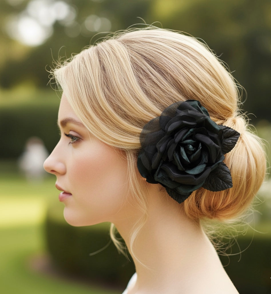 Karin's Garden 4" "St John" Black Silk Velvet Rose Pin.  Fabric Flower Brooch Pin Accessory. Vintage Rose for designer St John Knits Carrie Bradshaw