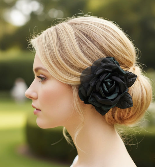 Karin's Garden 4" "St John" Black Silk Velvet Rose Pin.  Fabric Flower Brooch Pin Accessory. Vintage Rose for designer St John Knits Carrie Bradshaw