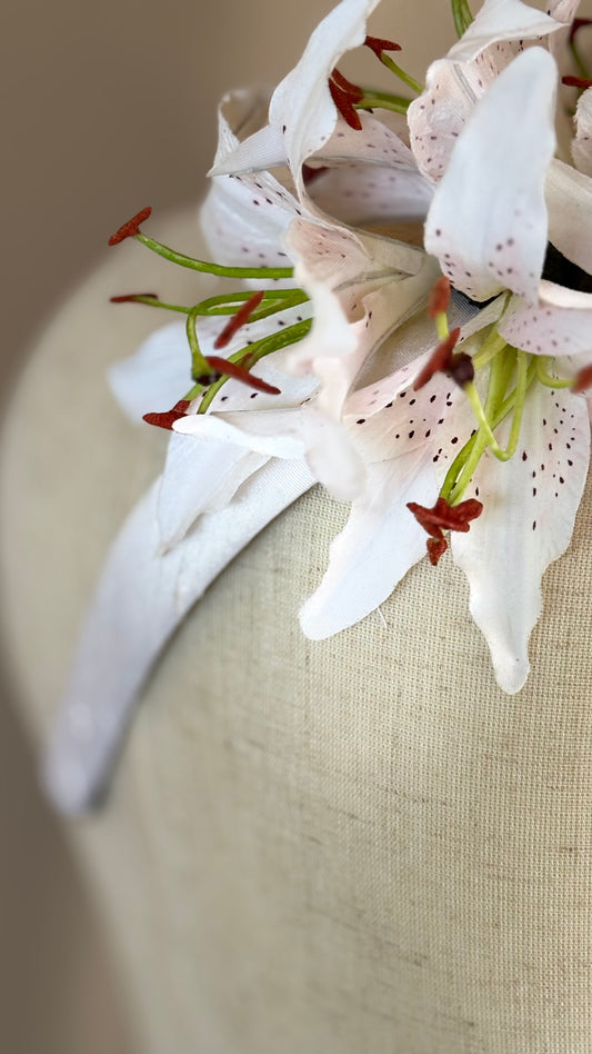 Martha Luxury Floral Crown Headband – Tiger Lily Silk Flowers | Garden Party Floral Statement Headpiece | Handmade in USA