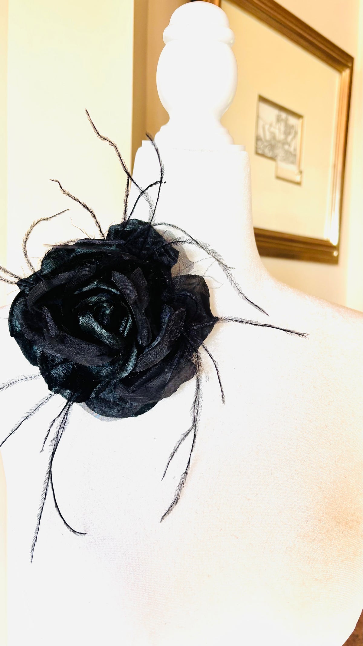 St John II - Black Silk Organza and Silk Velvet Rose Pin Clip with Ostrich.  Clip or Pin into your hair, wear on your lapel, dress, handbag, necklace or hat.