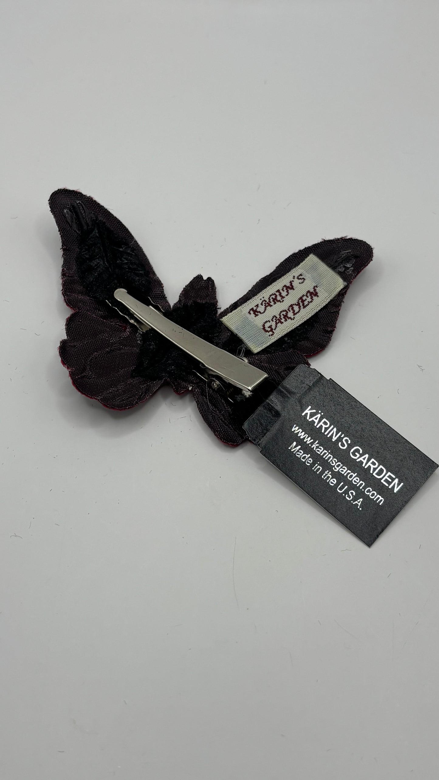 Mariposa Wine Velvet Butterfly Clip Handmade in the USA.  Clip into hair, onto lapel, dress, handbag and more.