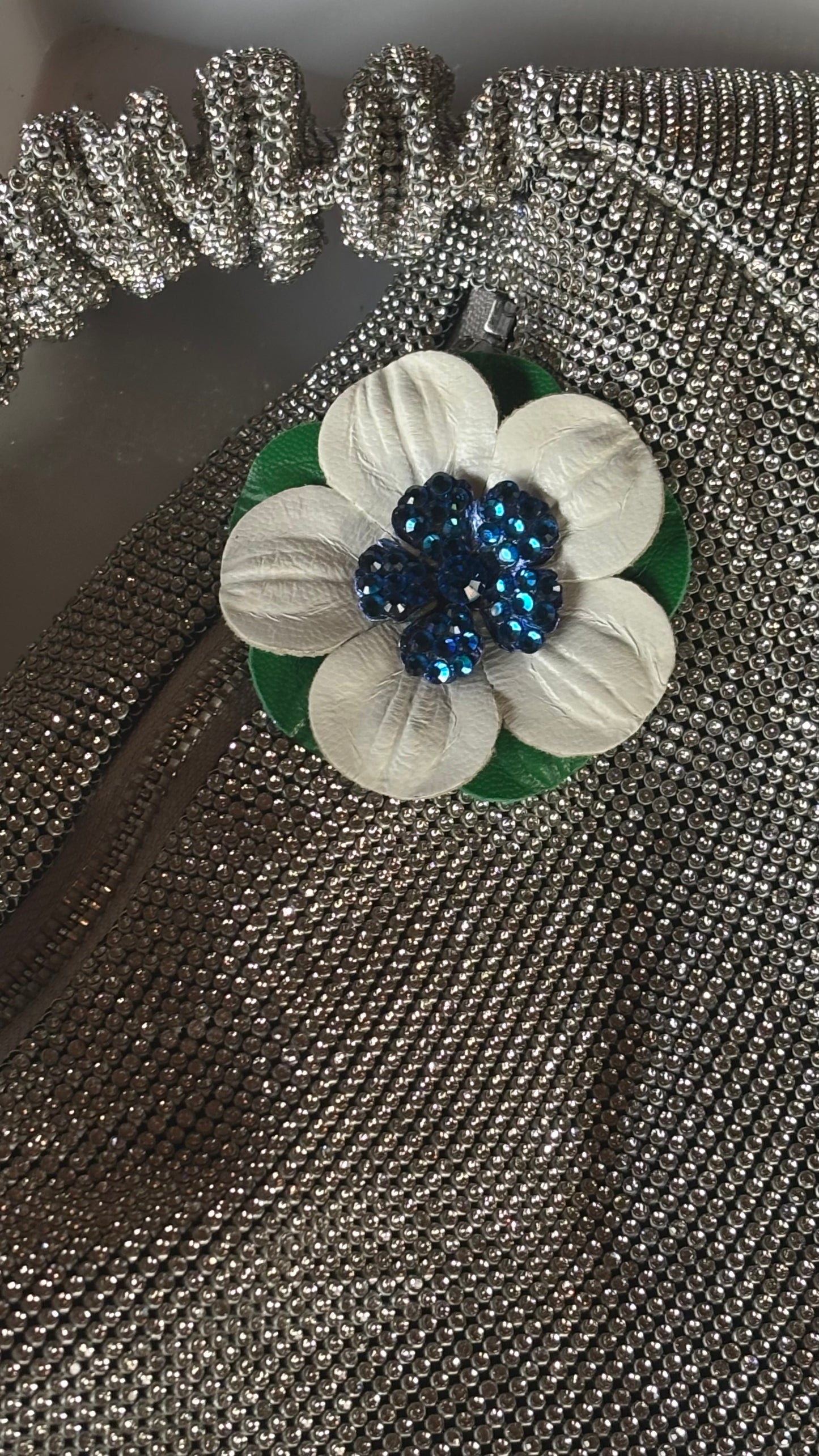 “Seahawks" 2.25 Petite Leather & Crystal Flower Pin & Clip. White with Blue Center. Made in Seattle, WA