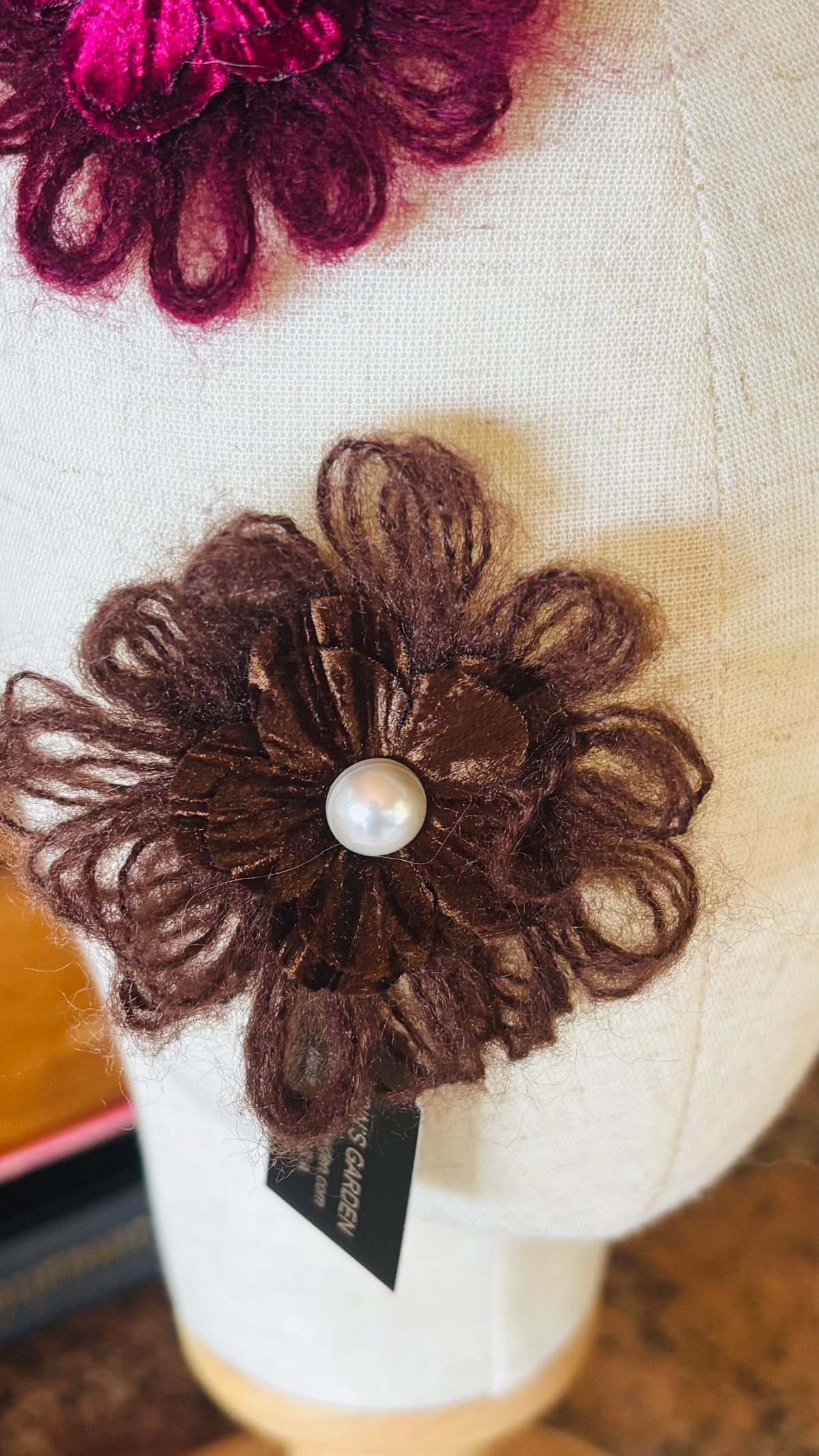 Mohair Velvet Pearl Brooch and Clip in Mocha.  Handmade in the USA