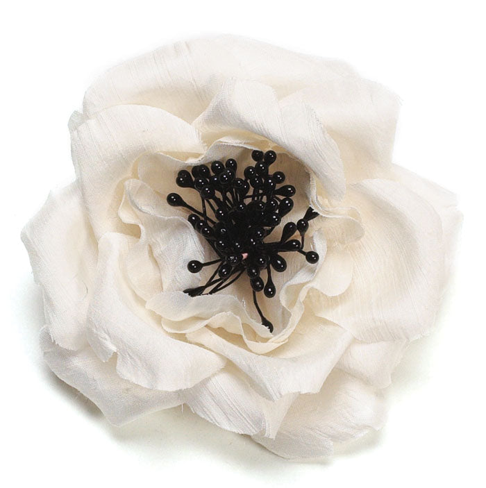 Karin's Garden 3" White Silk Dupioni Cabbage Rose Pin.  Pin or Clip into Hair or Lapel.  Made in the USA.  Flower Pin Flower Hair Clip