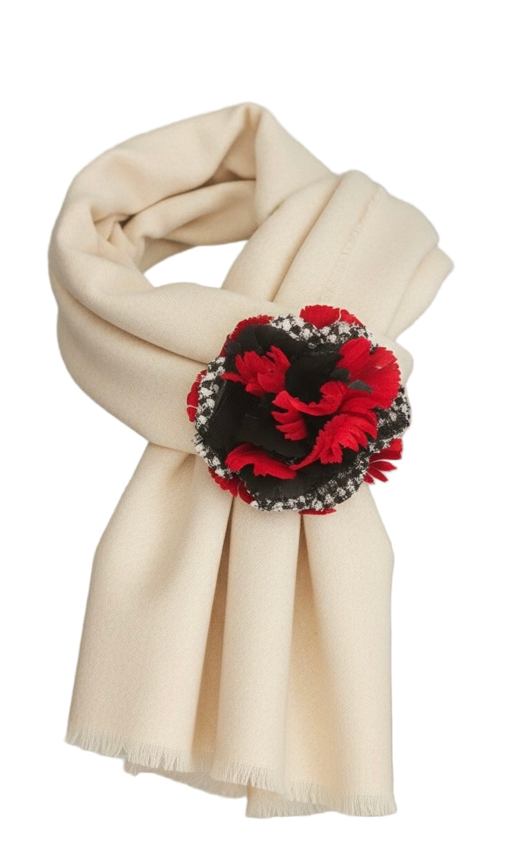"Brooke" Red White & Black Wool Houndstooth Velvet & Lace Flower Brooch and Clip 3" Made in the USA with Love