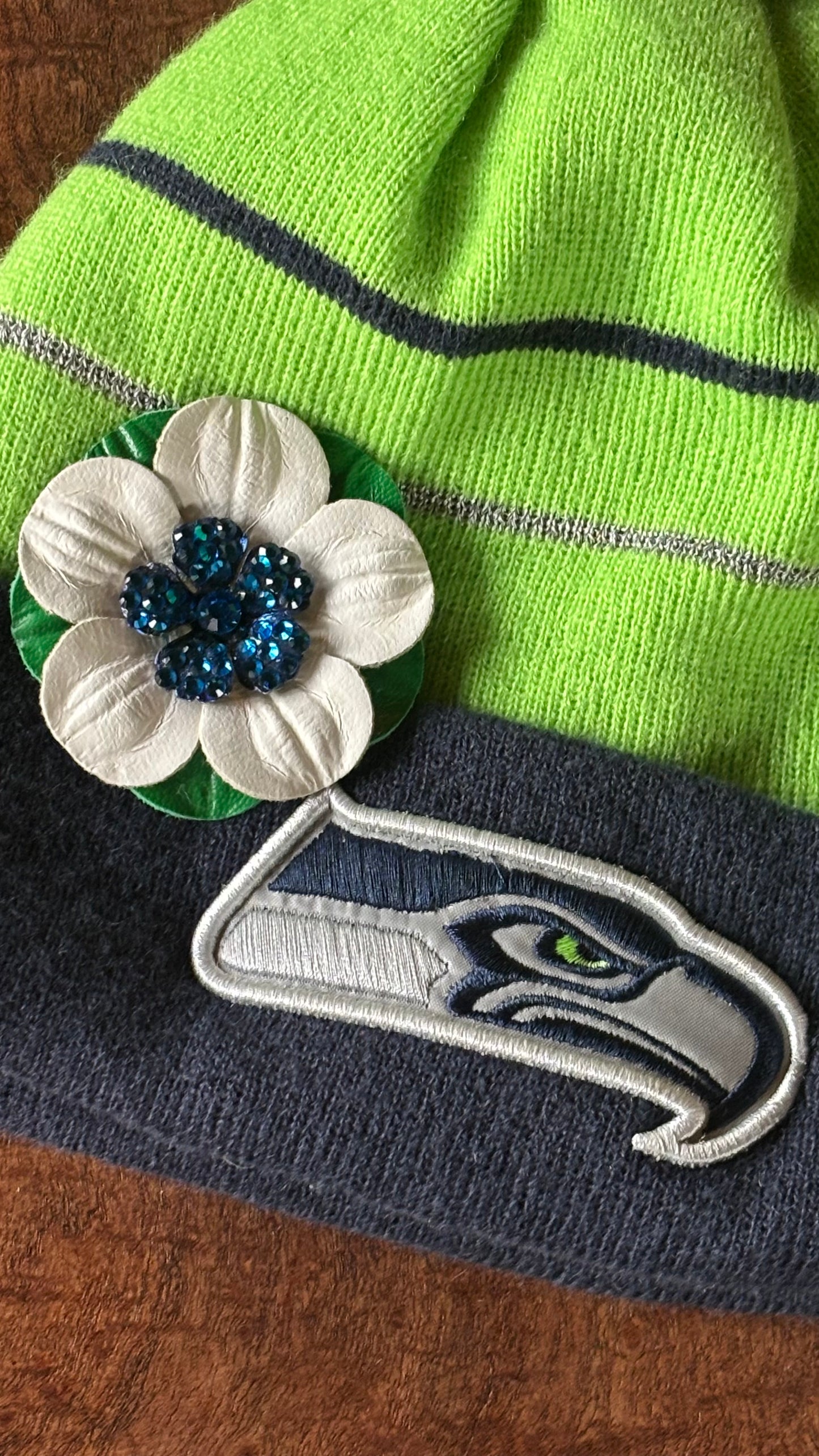 “Seahawks" 2.25 Petite Leather & Crystal Flower Pin & Clip. White with Blue Center. Made in Seattle, WA