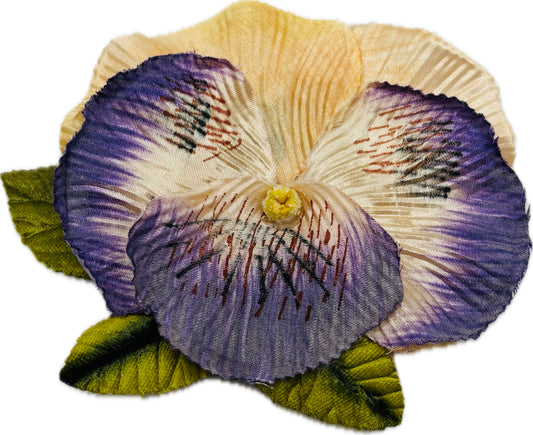 Karin's Garden “Dakota” 3 1/2" Purple Pansy Flower Pin & Clip. Vintage Life like Pansy Pin.  Purple Ivory. Made in the USA