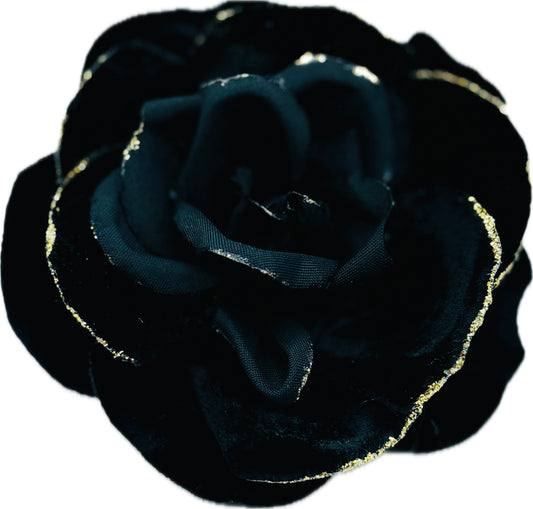 Karin's Garden 3" Mrs. Q. Glam Velvet Blend Black Metallic Edge Rose Pin Brooch Clip.  Made in the USA.