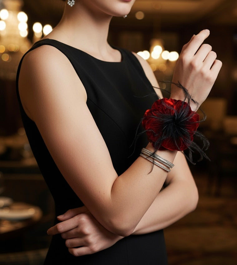 “Kitty" Red Velvet Ostrich Flower Pin and Clip. Clip into hair, onto purse, dress, hat, wrist and more. A versatile accessory.