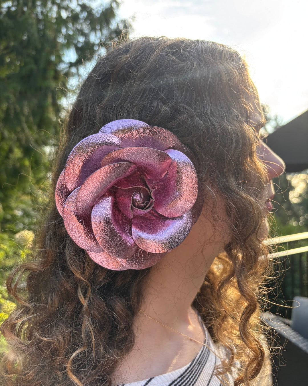 Kirsten Pink Metallic Italian Leather Rose Pin & Clip, 5" – Handmade