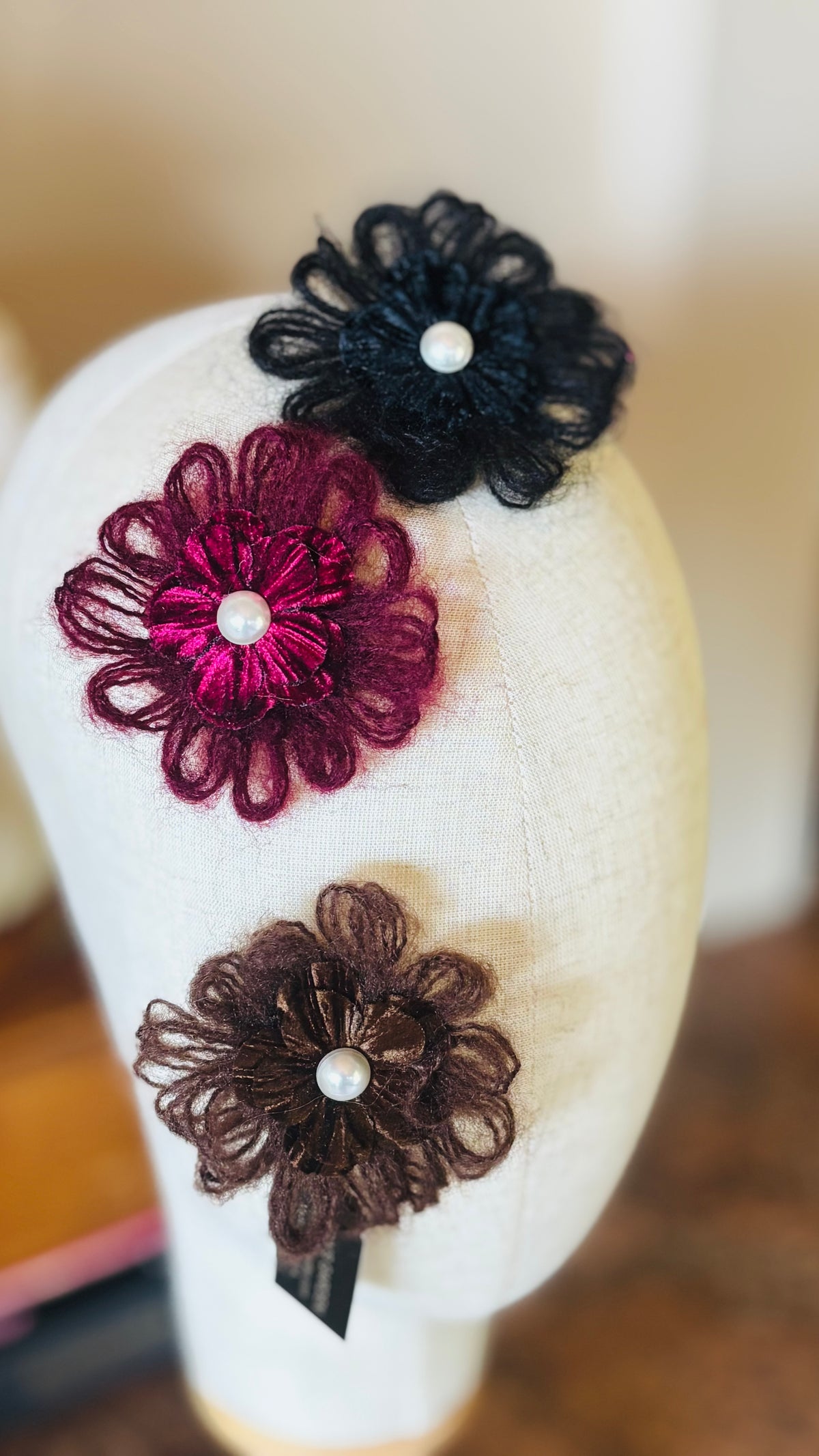 Mohair Velvet Pearl Brooch and Clip in Black.  Handmade in the USA