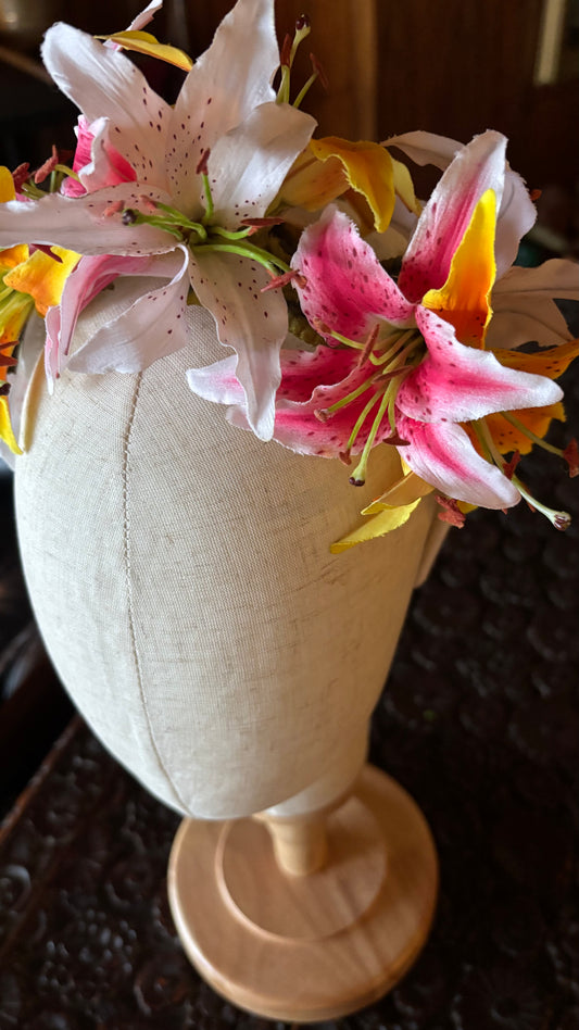 Karin's Garden "Martha" Fuchsia, White & Yellow Tiger Lily Headband.  1" Comfort Fit Headband.  Handmade in the USA.