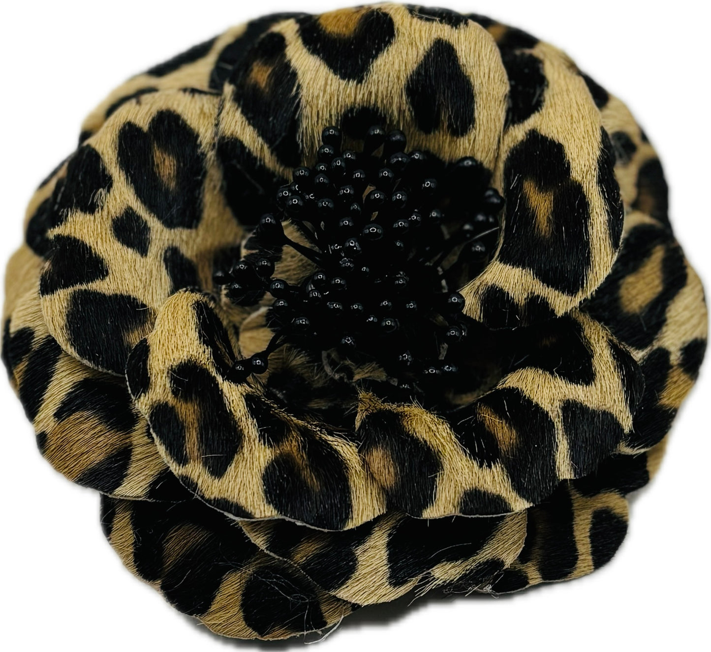 “Samantha” Real Leather Faux Leopard Print Rose Brooch & Clip.  Made in the USA with Love