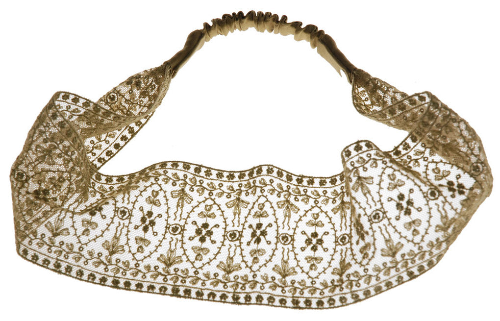 Gold Silk Lace Head Wrap Karin's Garden 2 1/2"- 3" comfortable, Made in the USA.