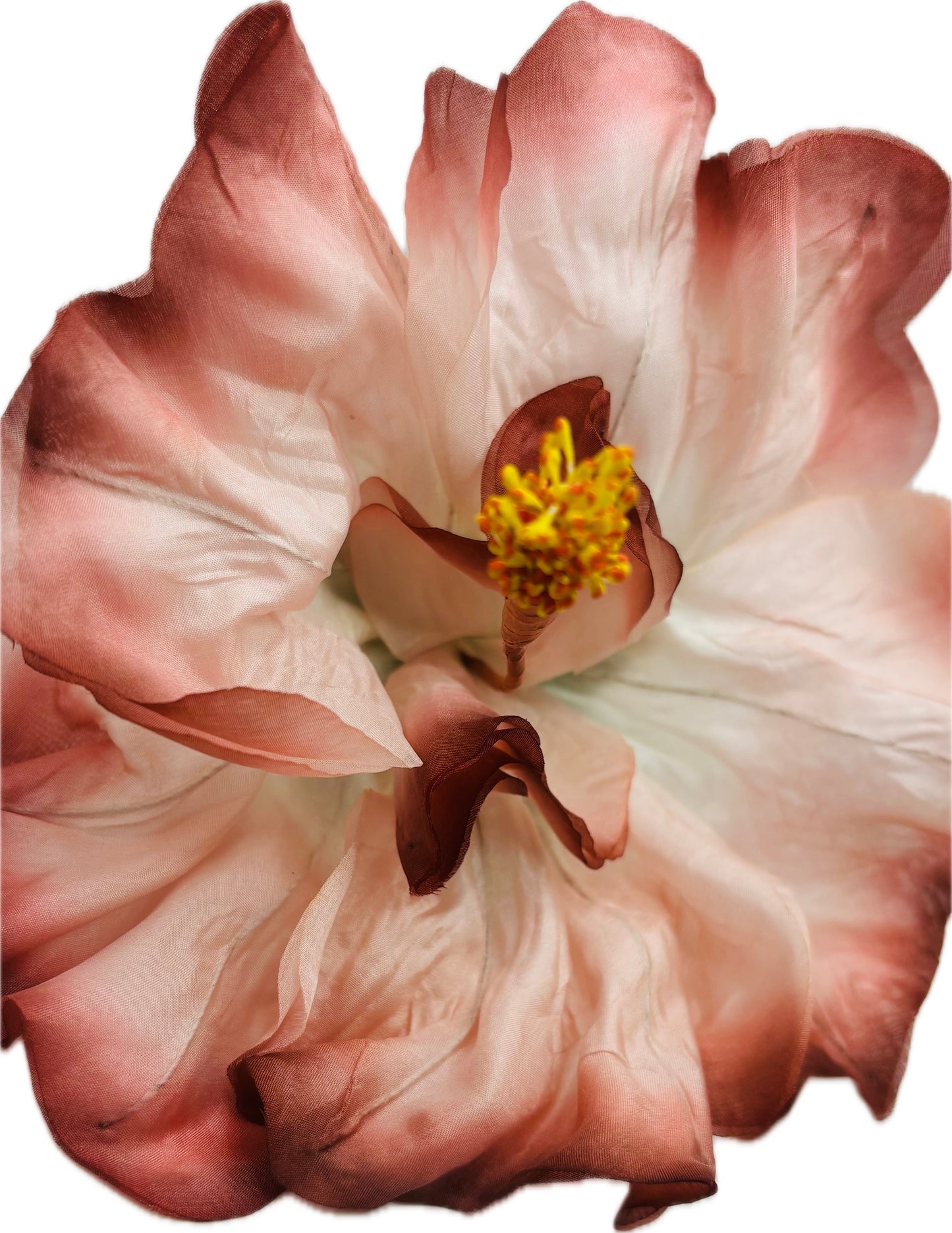 "Caterina" Vintage German Terra Cotta Ivory Silk GDR Hibiscus 6" Reimagined Mid-Century Brooch & Clip Duo.  For your sundress, handbag, hat & lapel. L