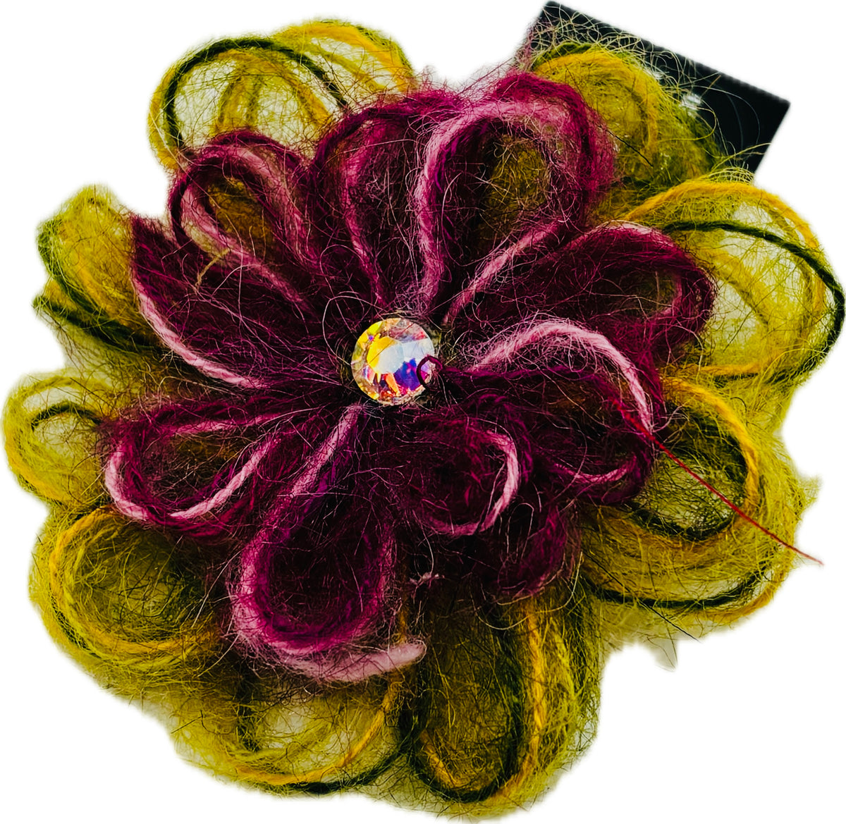 Enya Mohair Flower with Crystal Brooch & Clip Two Inches Handmade in the USA