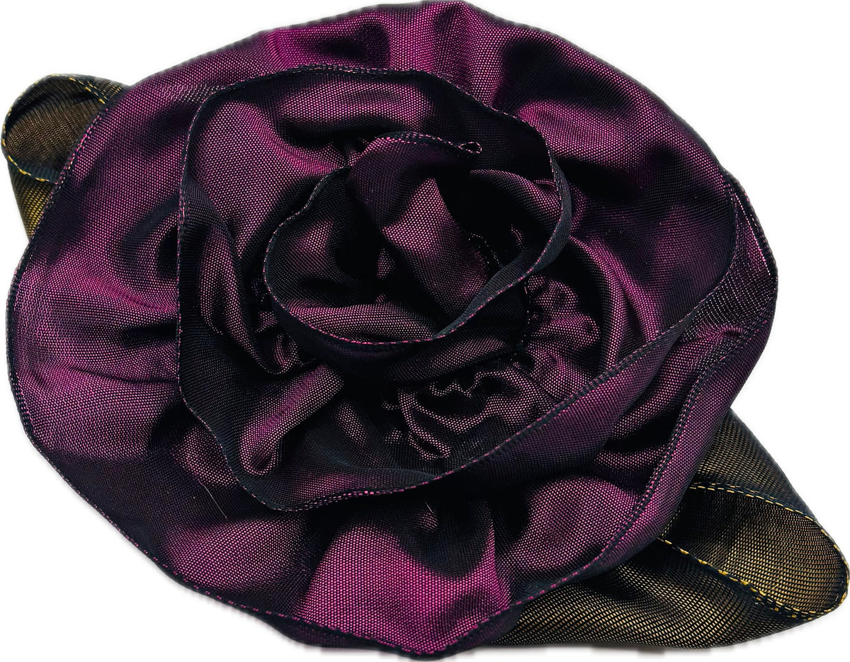 “Rosette” Brooch & Clip Plum.  Pin or Clip to dresses, lapels, purse, hat or wear as a boutonniere. Made in the USA.  You can reshape the flower and leaves to make it larger or smaller.